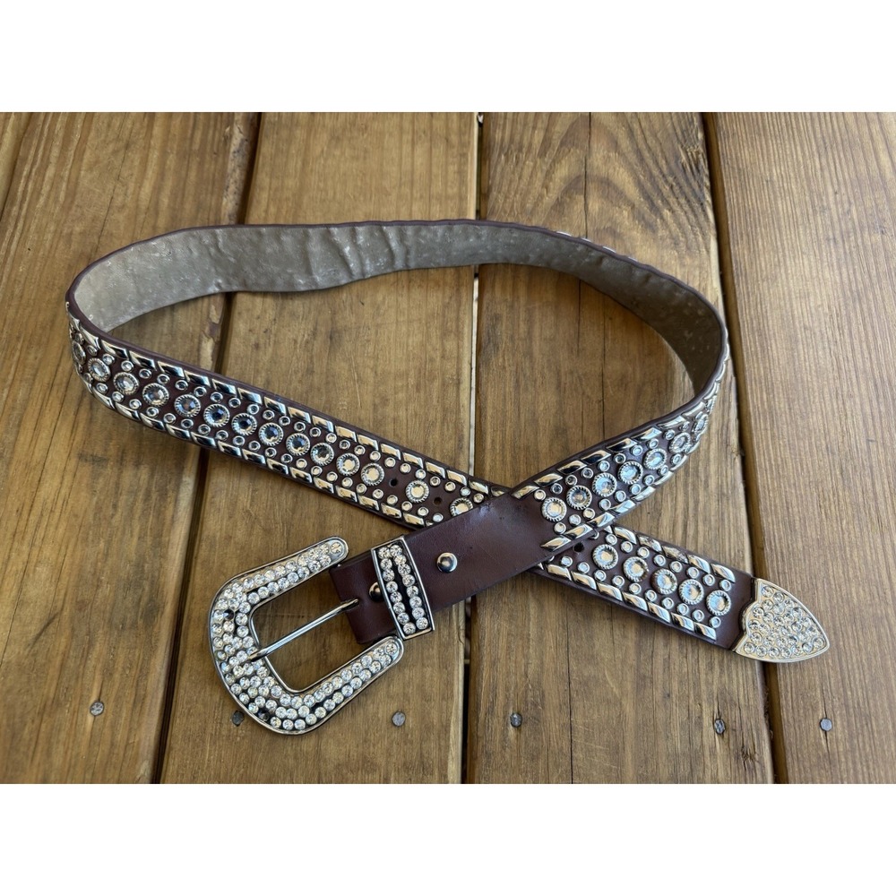 Vintage Y2K Cowgirl Western Rhinestone Crystal Bling Brown Leather Belt Large